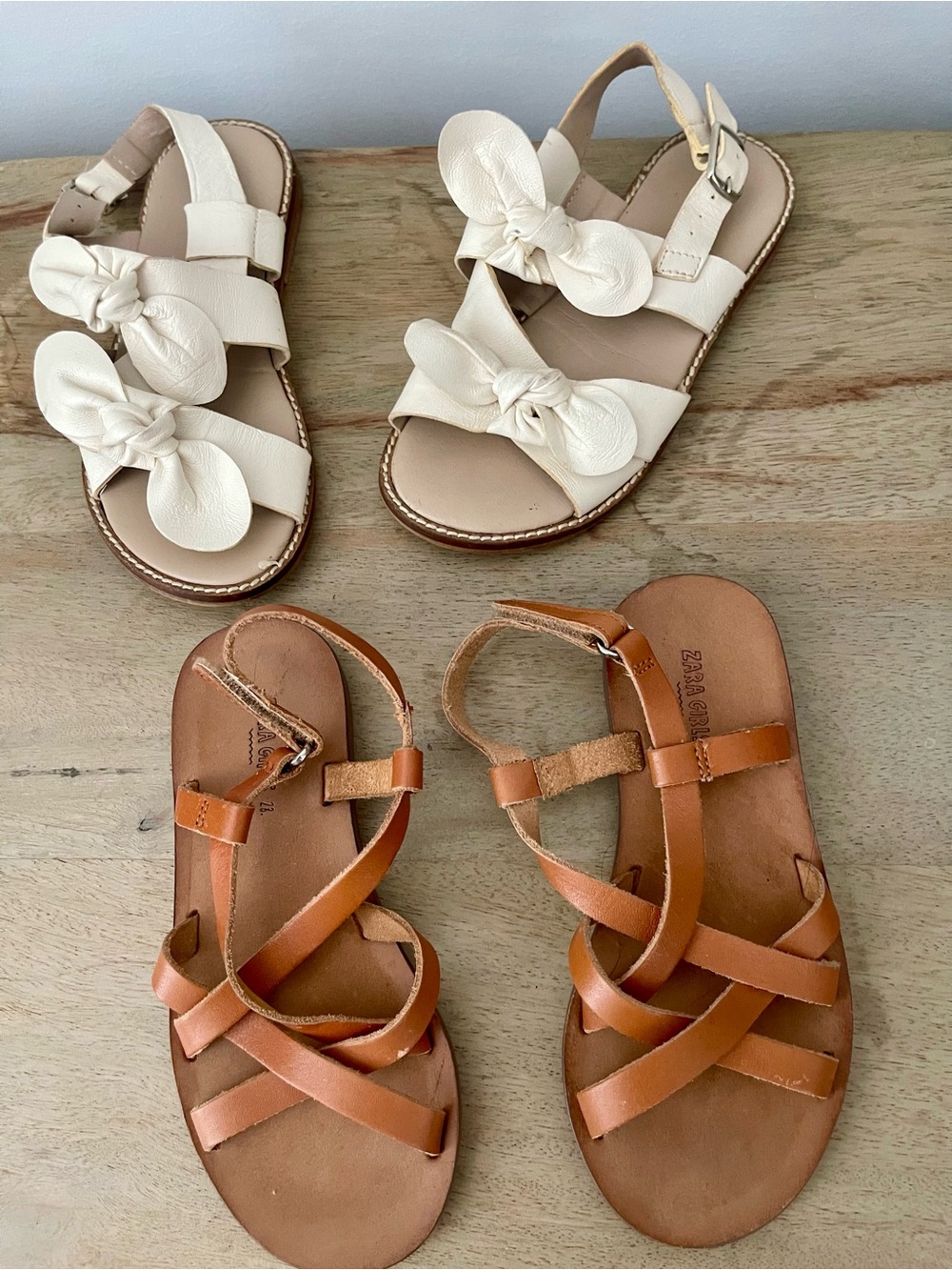 ZARA Kids Cream Bow Strap Sandals & Tan Leather Cross-Strap Sandals -set of 2